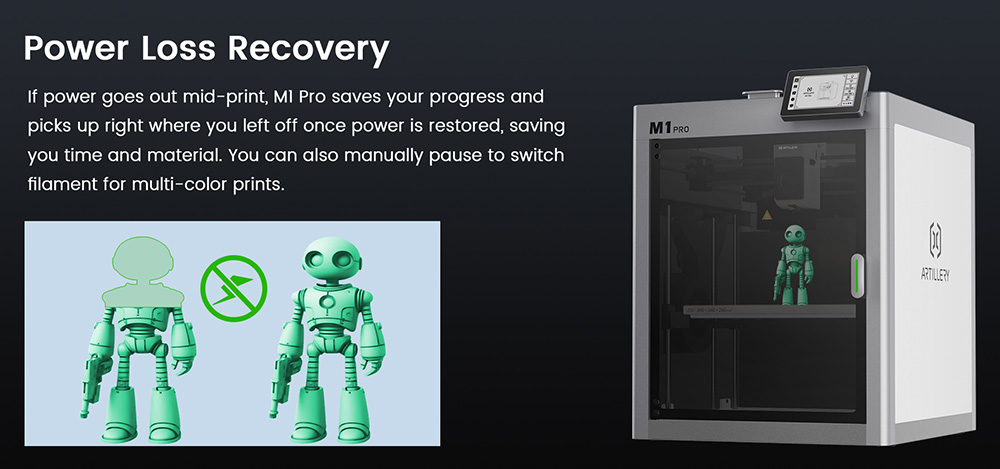 Artillery M1 Pro 3D Printer, 600mm/s, Intelligent Temperature/Smart Loop Control, Aluminum Frame, WLAN / Wi-Fi, 260*260*260mm