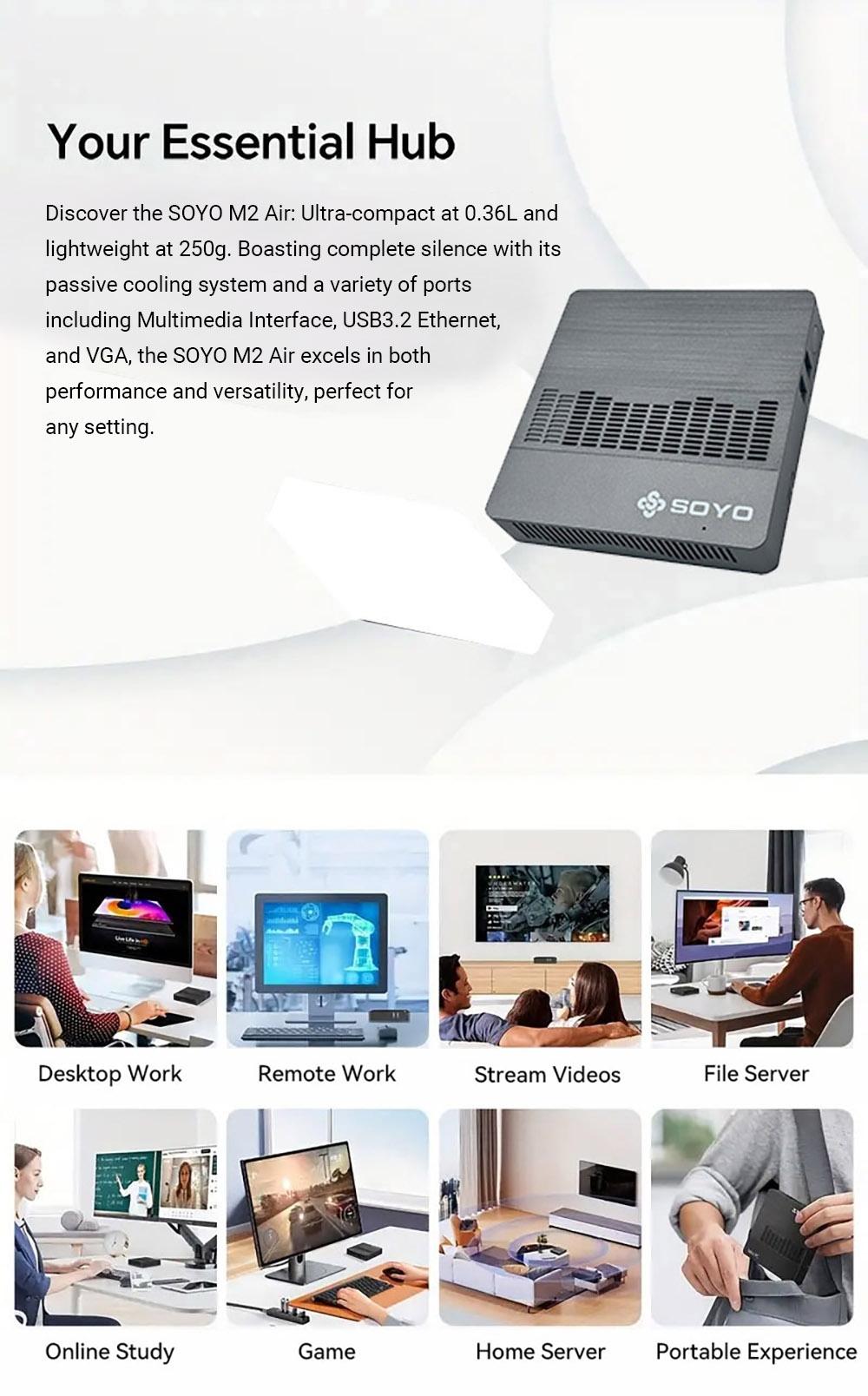 SOYO M2 Air Mini PC, Intel N4000 2 Core Max 2.6GHz, 6GB RAM 128GB SSD, HDMI+VGA Dual Screen Display, WiFi 5 Bluetooth 4.2, 3*USB3.2, 1*TF Card Reader, 1*3.5 mm konektor pre slúchadlá, 1*RJ45