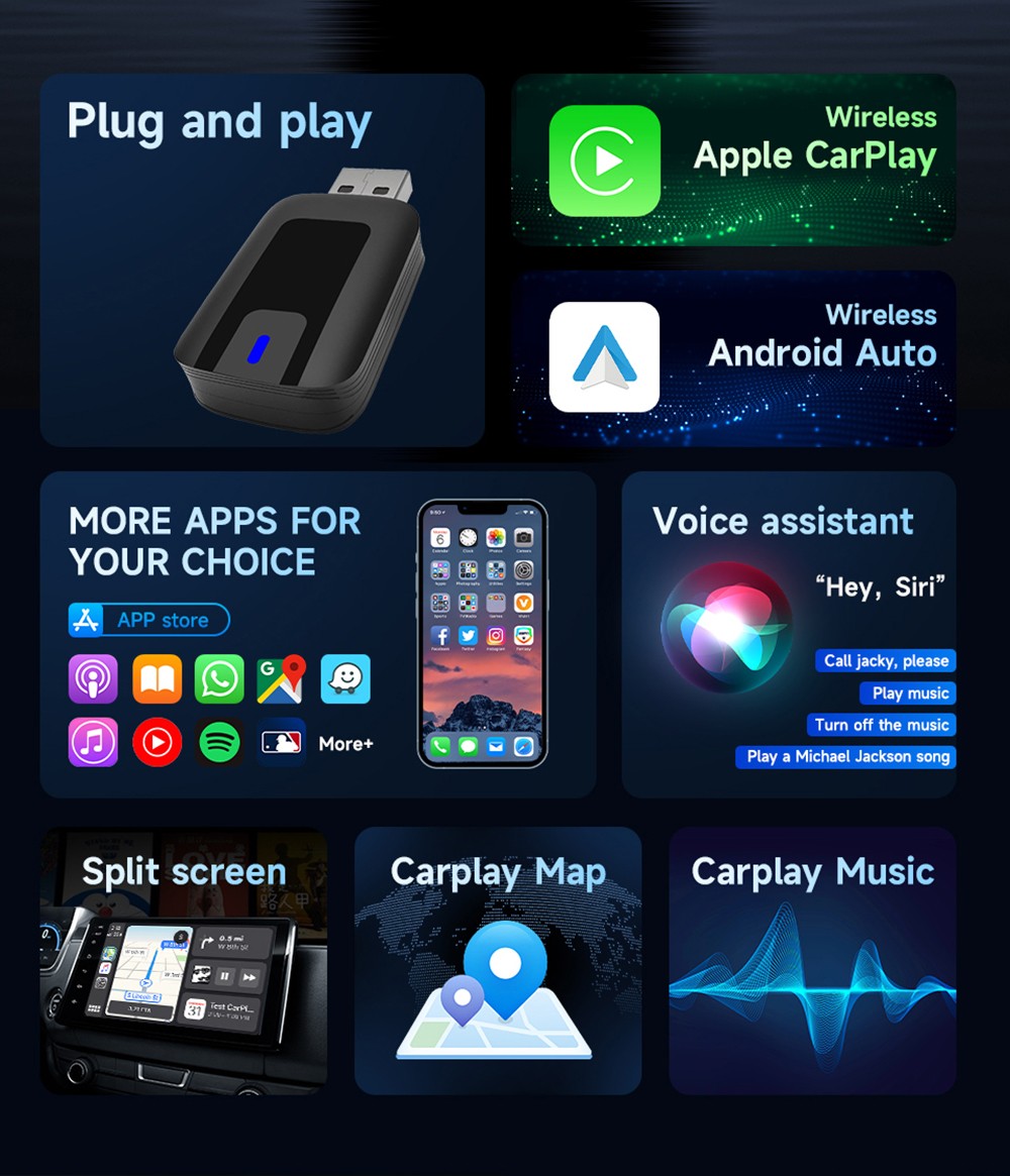 AB025E Wireless Carplay Adapter, Plug & Play Android Auto Box, Supports Split Screen/Voice Control/Navigation, Bluetooth 5.2 & WiFi 4