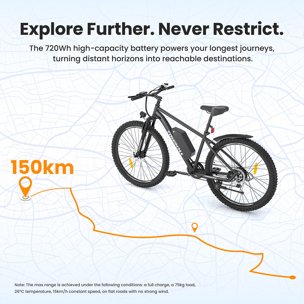 Elektrobicykel Touroll U2, 250W motor, 48V 15Ah batéria, 29 palcové pneumatiky, dojazd 150 km, hydraulické kotúčové brzdy, odpružená vidlica, Shimano 7 rýchlostí