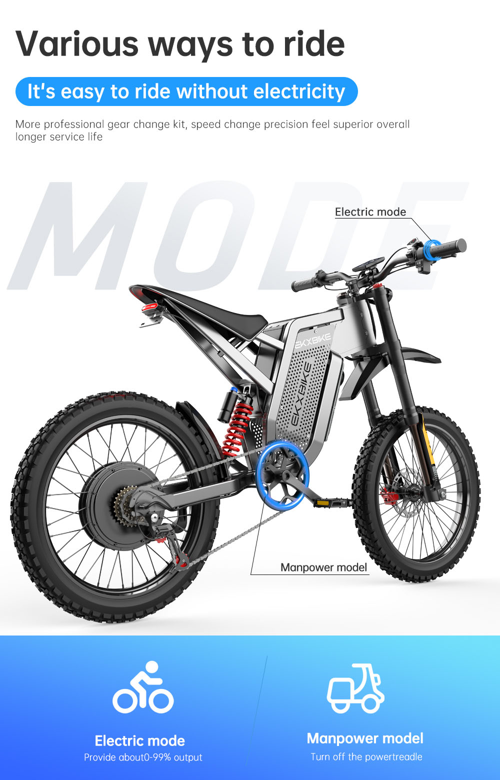 EKXBIKE X21 Max V&eacute;lo &eacute;lectrique, moteur 3000 W, batterie 60 V 30 Ah, pneu VTT 19 x 2 pouces, vitesse maximale 85 km/h, autonomie 90 km, freins hydrauliques, amortisseur hydraulique, Shimano 7 vitesses, &eacute;cran LCD