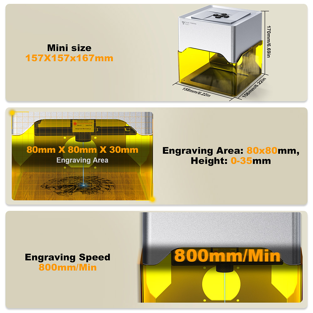 DVA TREES TS1 Mini 3W laserový gravírovací stroj, rýchlosť 800 mm/min, presnosť 0,01 mm, podporuje výšku objektu 0-35 mm, kompatibilný s Lightburn/LaserGRBL, 80*80 mm