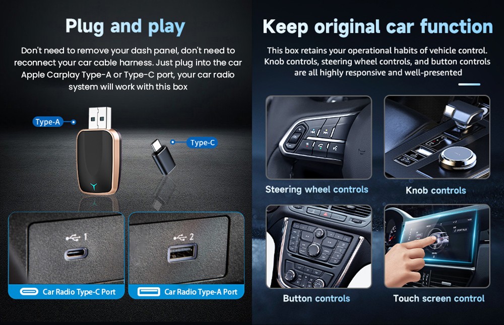 AB051E Wireless Carplay Adapter, Plug & Play Android Auto Box, Supports Split Screen/Voice Control/Navigation, Bluetooth 5.2 & Dual-Band WiFi, Golden