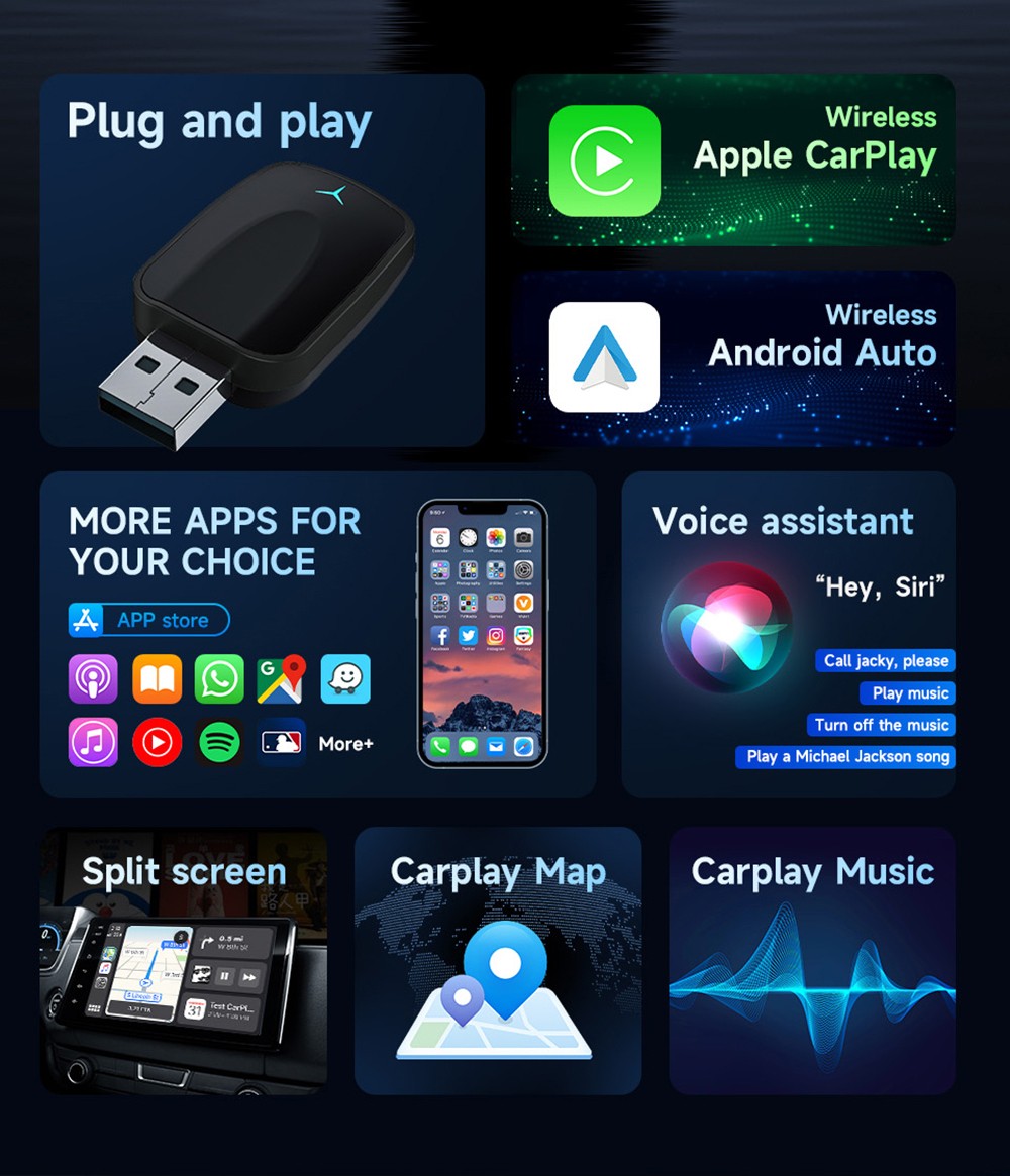 AB051E Wireless Carplay Adapter, Plug & Play Android Auto Box, Supports Split Screen/Voice Control/Navigation, Bluetooth 5.2 & WiFi 4