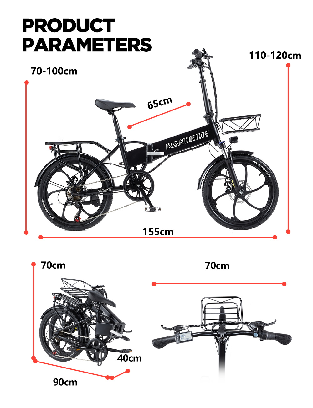 RANDRIDE YA20 Electric Bike 350W Motor 40km/h Max Speed 48V 12.8Ah Battery 80-90 Max Range 20*1.95'' CST Tires 120kg Load Shimano 7 Speed