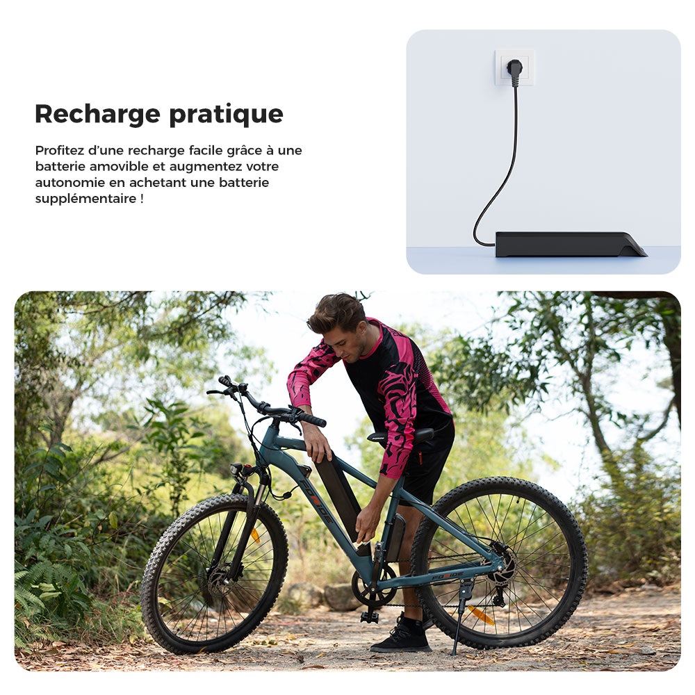 Foride Xtremer 3 V&eacute;lo &eacute;lectrique, moteur 250 W, batterie 48 V 12 Ah, pneus 29 x 2,4 pouces, vitesse maximale 25 km/h, autonomie maximale 120 km, freins &agrave; disque hydrauliques, suspension avec blocage, transmission Shimano 7 vitesses