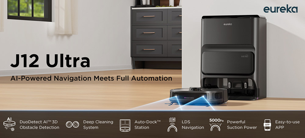 EUREKA J12 Ultra Robot Vacuum and Mop, All-in-One Station, 5000Pa Suction, AI 3D Obstacle Detection,  Pet Hair Specialist, Voice/App Control