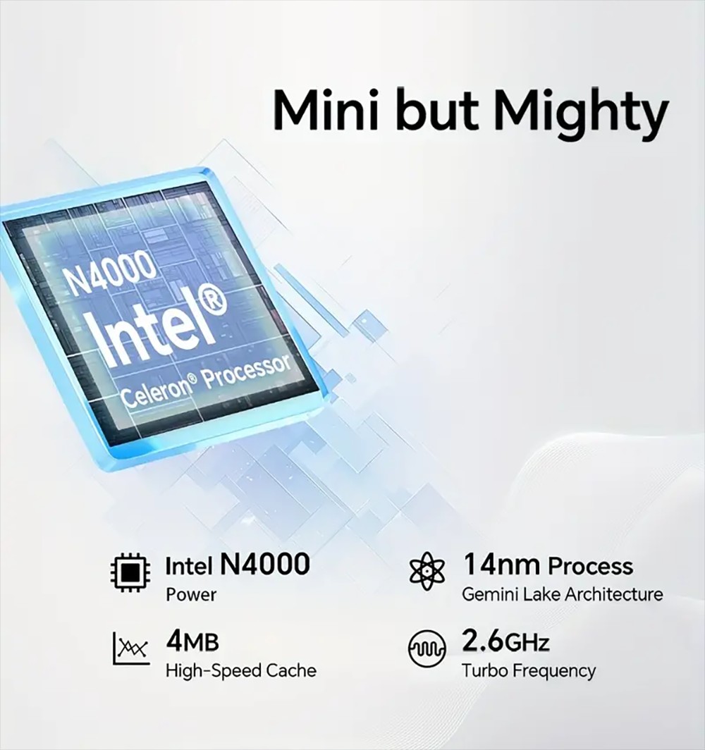 SOYO M2 Air Mini PC, Intel N4000 2 Core Max 2.6GHz, 6GB RAM 128GB SSD, HDMI+VGA Dual Screen Display, WiFi 5 Bluetooth 4.2, 3*USB3.2, 1*TF Card Reader, 1*3.5 mm konektor pre slúchadlá, 1*RJ45