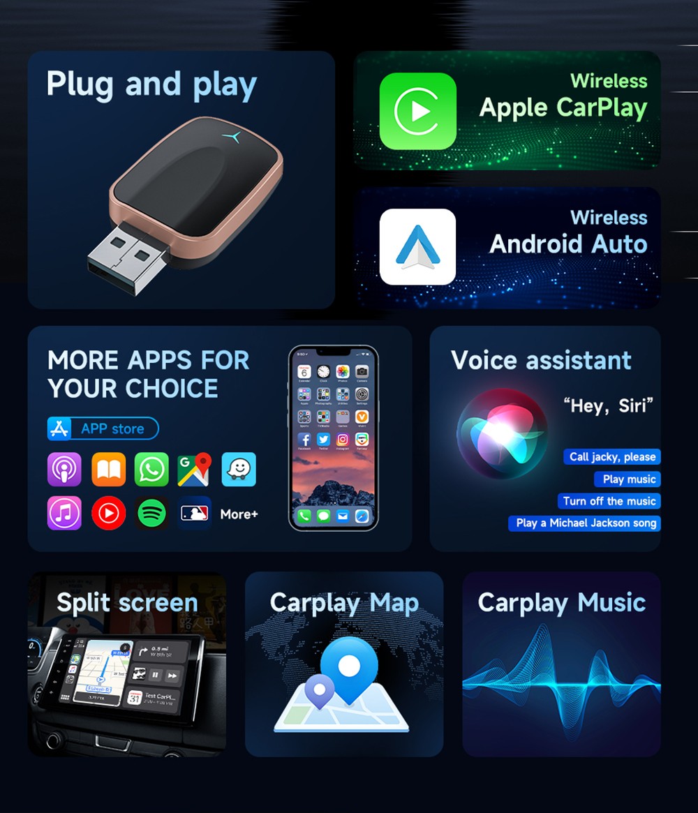 AB051E Wireless Carplay Adapter, Plug & Play Android Auto Box, Supports Split Screen/Voice Control/Navigation, Bluetooth 5.2 & Dual-Band WiFi, Golden