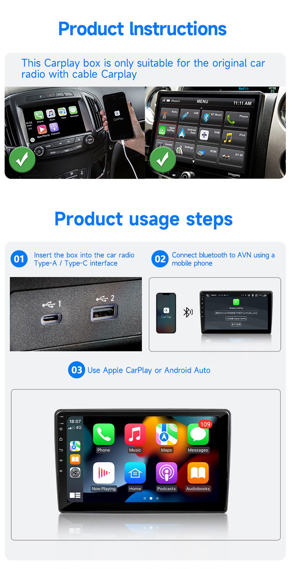 AB025E Wireless Carplay Adapter, Plug & Play Android Auto Box, Supports Split Screen/Voice Control/Navigation, Bluetooth 5.2 & WiFi 4