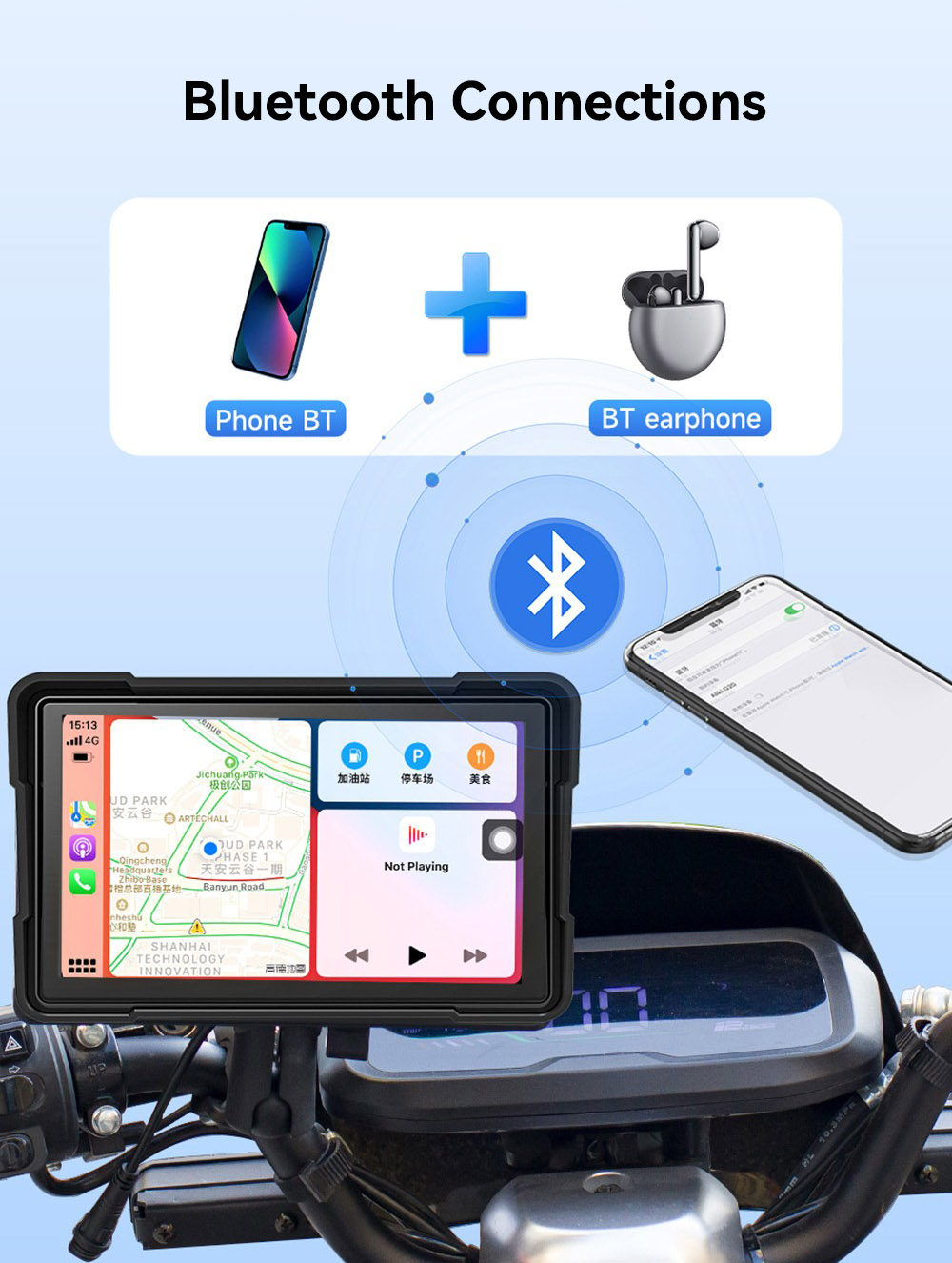 SJ5005 5inch Motorcycle Carplay, 2.5D IPS HD Screen (1024*600), IPX6 Waterproof, Built-in DVR Camera, GPS Tracking, Bluetooth 5.0, TF Card Playback