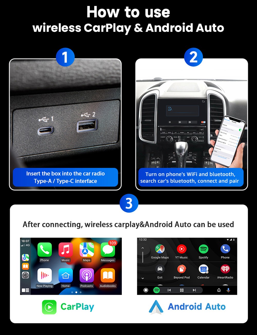 AB025E Wireless Carplay Adapter, Plug & Play Android Auto Box, Supports Split Screen/Voice Control/Navigation, Bluetooth 5.2 & WiFi 4