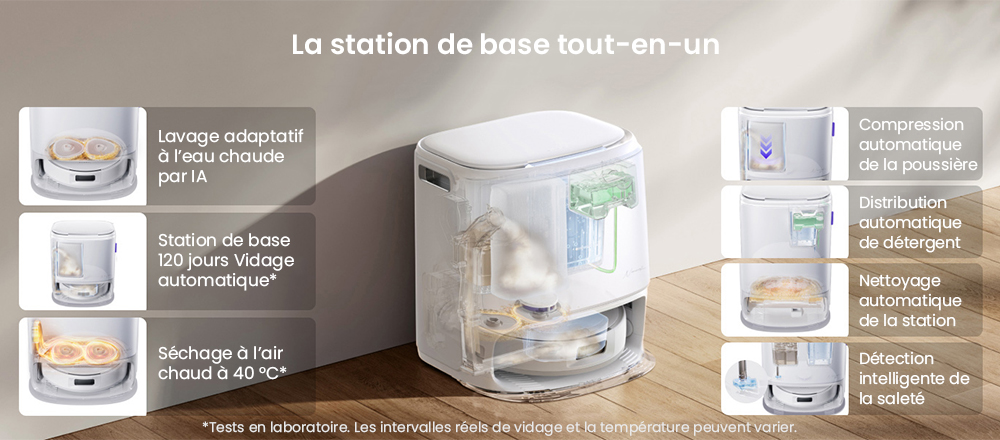 Aspirateur robot laveur NARWAL Freo Z10, anti-emm&ecirc;lement, aspiration 15&nbsp;000 Pa, s'adapte aux zones difficiles d'acc&egrave;s, autovidage, lavage et s&eacute;chage &agrave; la serpilli&egrave;re, &eacute;vite les obstacles, pour poils d'animaux et sols durs, blanc