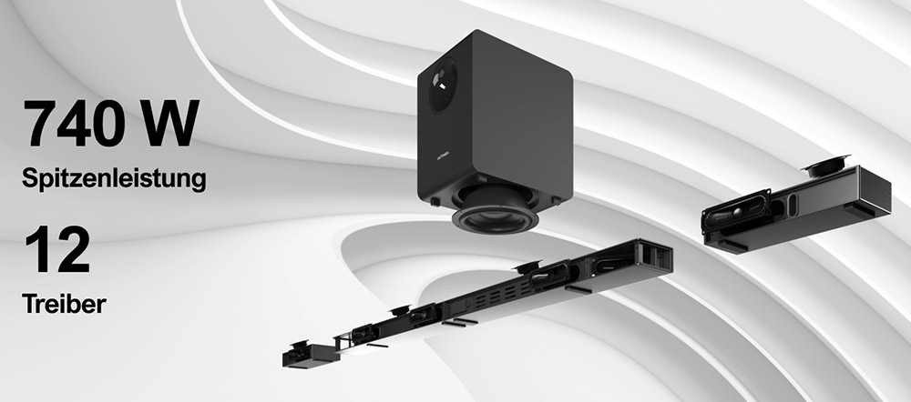 Ultimea Nova S90 7.1.4 Soundbar + 1 pár * Steady S90 hangszóróállvány, Dolby Atmos, 740 W csúcsteljesítmény, 4K HDR jelátvitel, 6 hangszínszabályzó mód