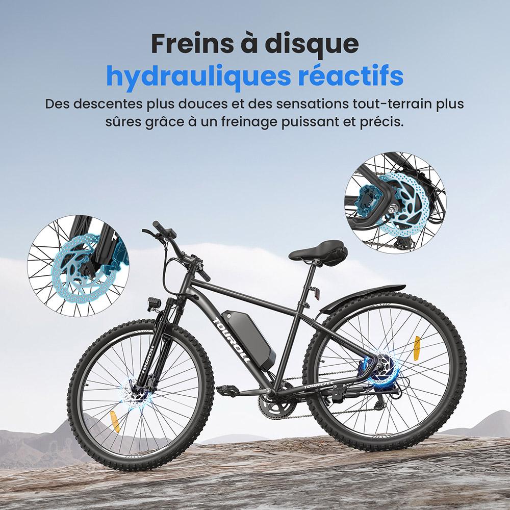 Touroll U2 V&eacute;lo &eacute;lectrique, moteur 250 W, batterie 48 V 15 Ah, pneus 29 pouces, vitesse maximale 25 km/h, autonomie 150 km, freins &agrave; disque hydrauliques, fourche &agrave; suspension, Shimano 7 vitesses