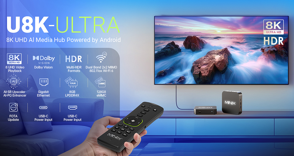 MINIX U8K-Ultra 8K Android Media Player, 8GB RAM 128GB Storage, Android AOSP 11, WiFi 6 Bluetooth 5.2, AI Picture Quality Enhancer & AI Resolution Upscaling, Dolby Vision