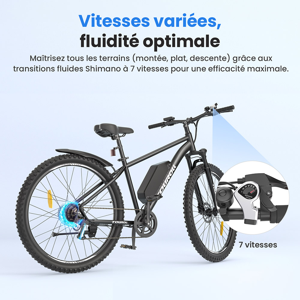 Touroll U2 V&eacute;lo &eacute;lectrique, moteur 250 W, batterie 48 V 15 Ah, pneus 29 pouces, vitesse maximale 25 km/h, autonomie 150 km, freins &agrave; disque hydrauliques, fourche &agrave; suspension, Shimano 7 vitesses