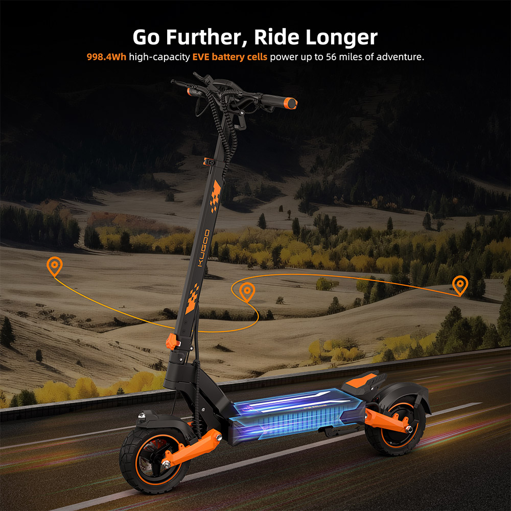 Elektrický skúter KUGOO F3 Plus, 1000W motor, 48V 20.8Ah batéria, 10 palcové pneumatiky, max. rýchlosť 50km/h, dojazd 80km, predné a zadné kotúčové brzdy, odpruženie kyvného ramena