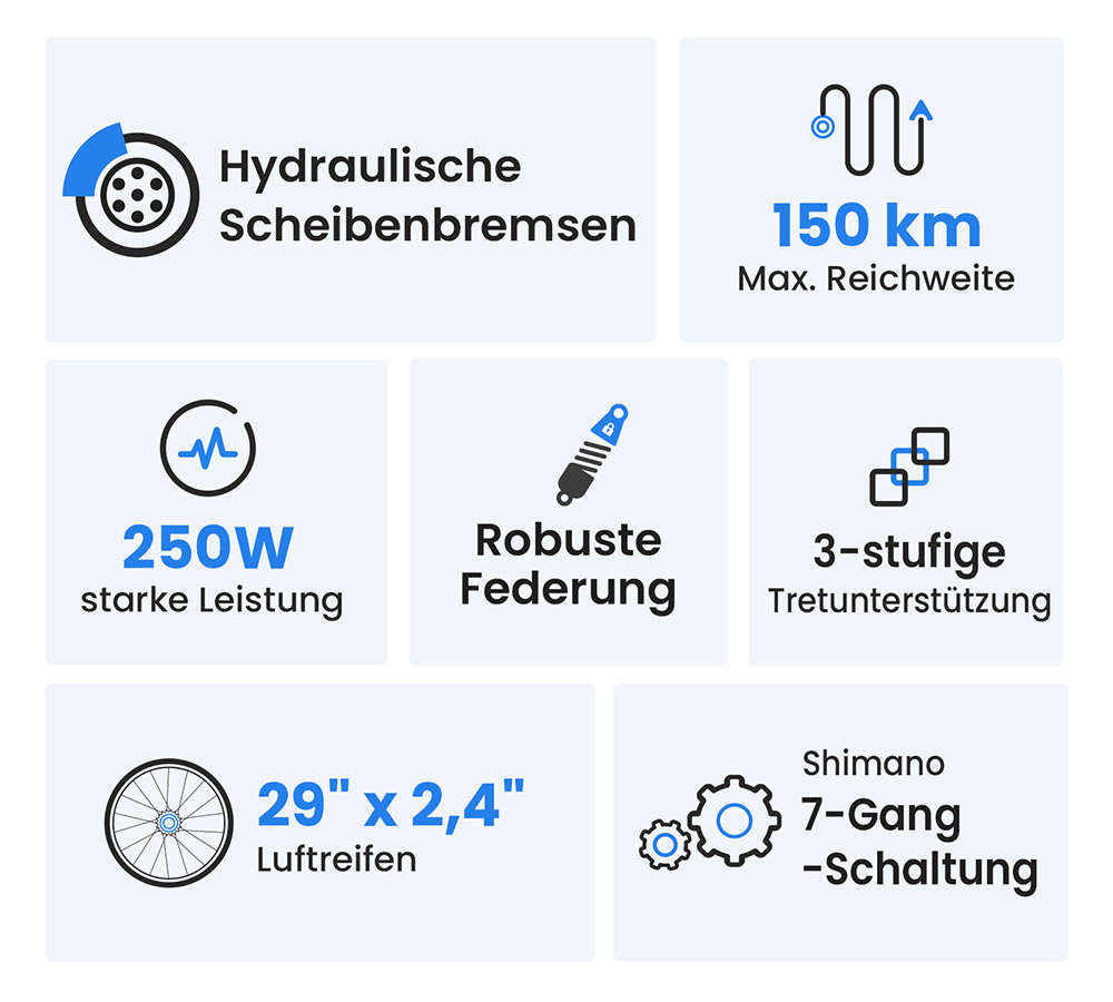Touroll U2 Elektrofahrrad, 250-W-Motor, 48-V-15-Ah-Akku, 29-Zoll-Reifen, 25 km/h H&ouml;chstgeschwindigkeit, 150 km Reichweite, hydraulische Scheibenbremse, Federgabel, Shimano 7-Gang