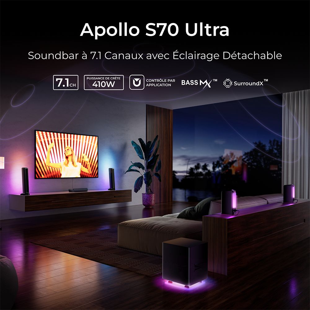 Ultimea Apollo S70 Ultra Kit de haut-parleurs et caisson de basses amovibles 7.1 canaux, &eacute;clairage dynamique, puissance de cr&ecirc;te de 410 W, contr&ocirc;le par application, &eacute;galiseur 10 bandes