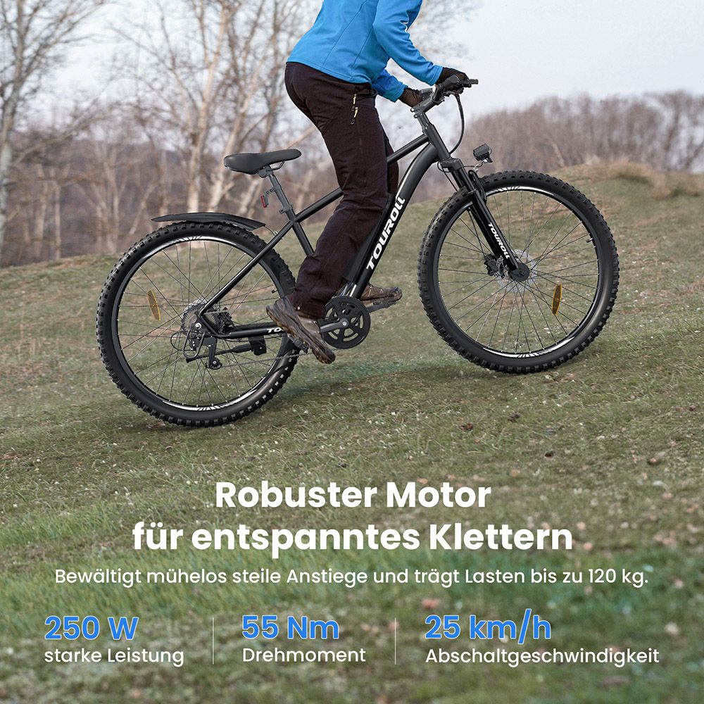 Touroll U2 Elektrofahrrad, 250-W-Motor, 48-V-15-Ah-Akku, 29-Zoll-Reifen, 25 km/h H&ouml;chstgeschwindigkeit, 150 km Reichweite, hydraulische Scheibenbremse, Federgabel, Shimano 7-Gang