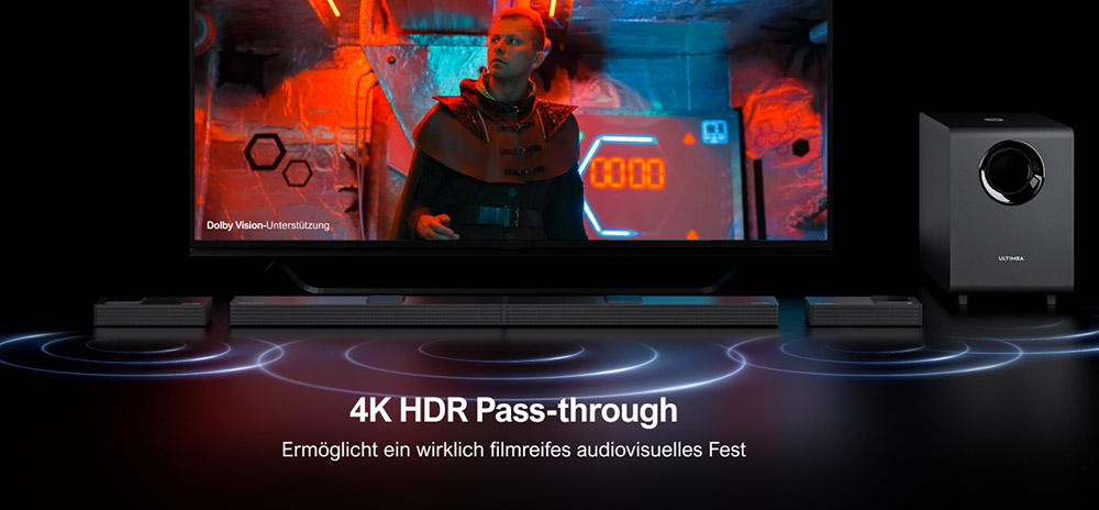 Ultimea Nova S90 7.1.4 Soundbar + 1 pár * Steady S90 hangszóróállvány, Dolby Atmos, 740 W csúcsteljesítmény, 4K HDR jelátvitel, 6 hangszínszabályzó mód