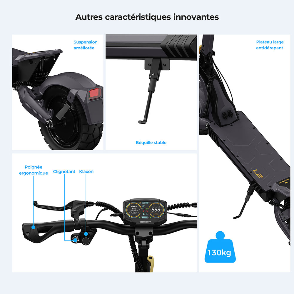 Ausom L2 Trottinette &eacute;lectrique, moteur 800 W, batterie 48 V 15,6 Ah, pneus 10 pouces, vitesse maximale 45 km/h, autonomie 70 km, freins &agrave; disque avant et arri&egrave;re, suspension &agrave; bras oscillant, &eacute;cran LCD