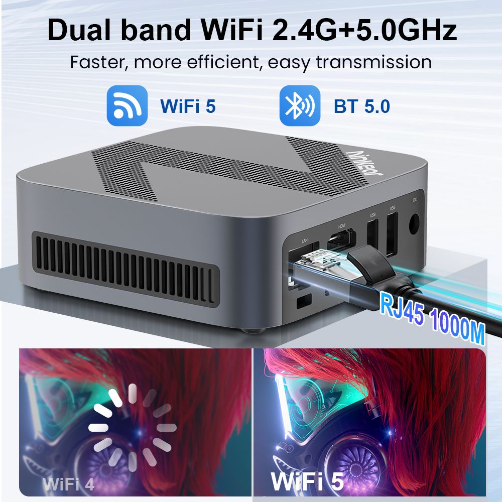 Ninkear MBOX 11 Mini-PC, Intel Twin Lake N150 4 Kerne, max. 3,6 GHz, 16 GB RAM, 512 GB SSD, HDMI 2.0 + DP1.4 (4K@60 Hz), doppelte Bildschirmanzeige, WiFi 5, Bluetooth 5.0, 2 x USB 3.0, 2 x USB 2.0, 1 x RJ45, 1 x Kopfh&ouml;reranschluss