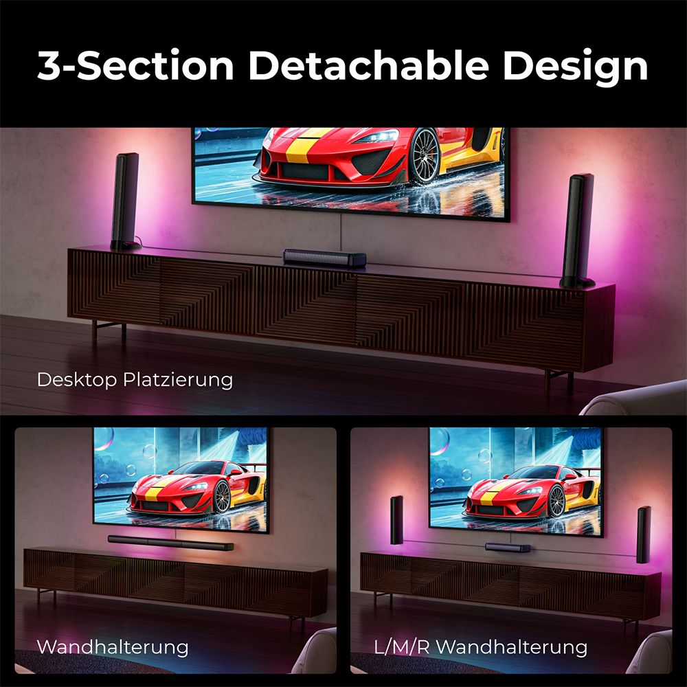 Ultimea Apollo S70 Ultra 7.1-Kanal-Soundbar-Subwoofer-Lautsprecher-Kit, abnehmbar, dynamische Beleuchtung, 410 W Spitzenleistung, App-Steuerung, 10-Band-Equalizer-Einstellungen