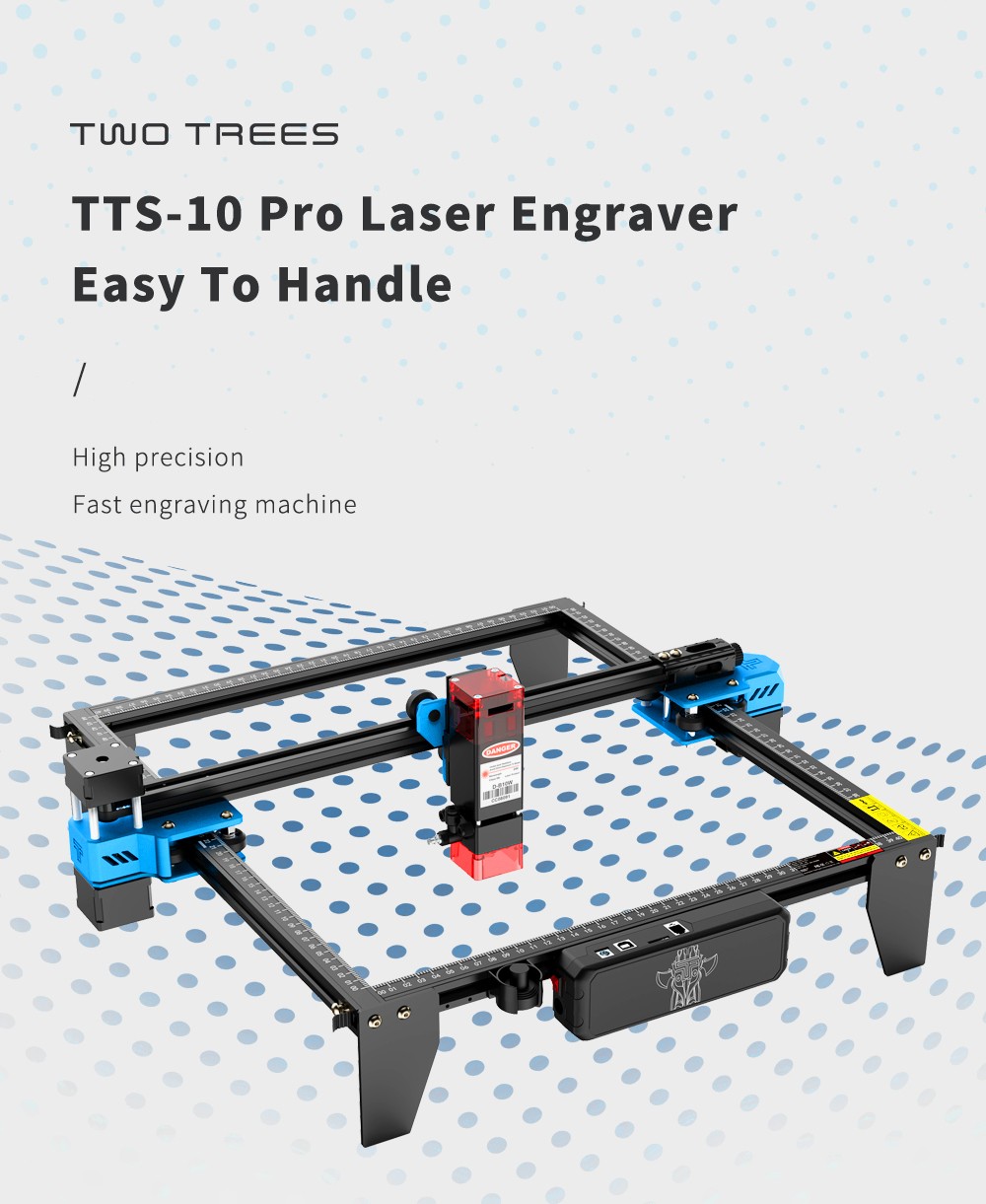 DVA TREES TTS-10 Pro 10W laserový gravírovací stroj, LD+FAC+C-Lens, 32-bitová základná doska, 0.08*0,08 mm stlačený bod, 0.1 mm presnosť, rýchlosť gravírovania 30 000 mm/min, 300*300 mm - zástrčka EÚ