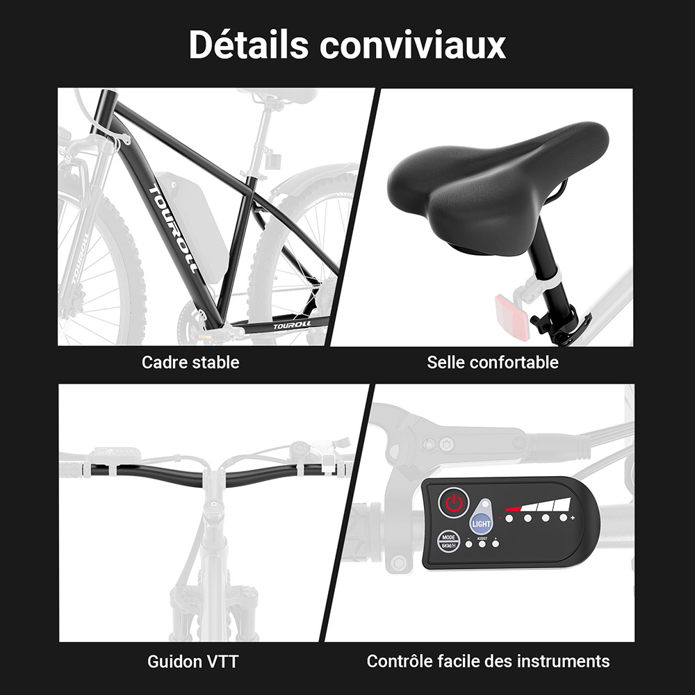 Touroll U2 V&eacute;lo &eacute;lectrique, moteur 250 W, batterie 48 V 15 Ah, pneus 29 pouces, vitesse maximale 25 km/h, autonomie 150 km, freins &agrave; disque hydrauliques, fourche &agrave; suspension, Shimano 7 vitesses