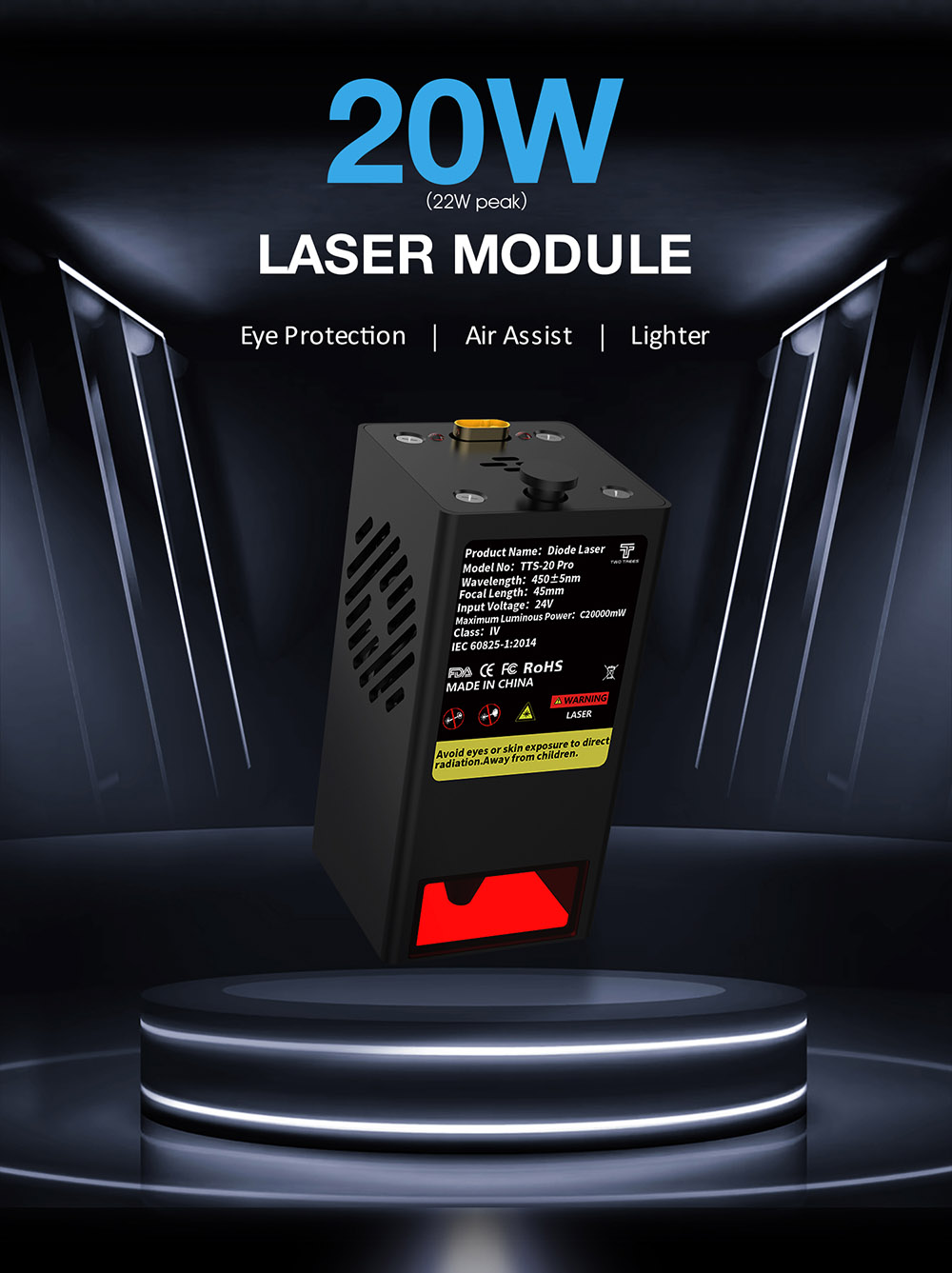 TWO TREES TTS-20 Pro 20W Laser Engraver, 32-bit Mainboard, 0.08*0.08mm Compressed Spot, 0.1mm Precision, 30,000mm/min Engraving Speed, 418*418mm - EU Plug