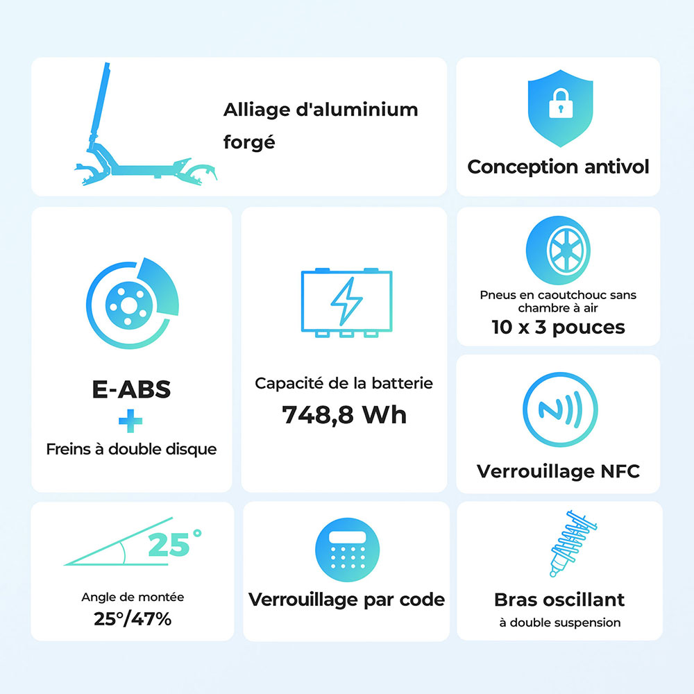 Ausom L2 Trottinette &eacute;lectrique, moteur 800 W, batterie 48 V 15,6 Ah, pneus 10 pouces, vitesse maximale 45 km/h, autonomie 70 km, freins &agrave; disque avant et arri&egrave;re, suspension &agrave; bras oscillant, &eacute;cran LCD