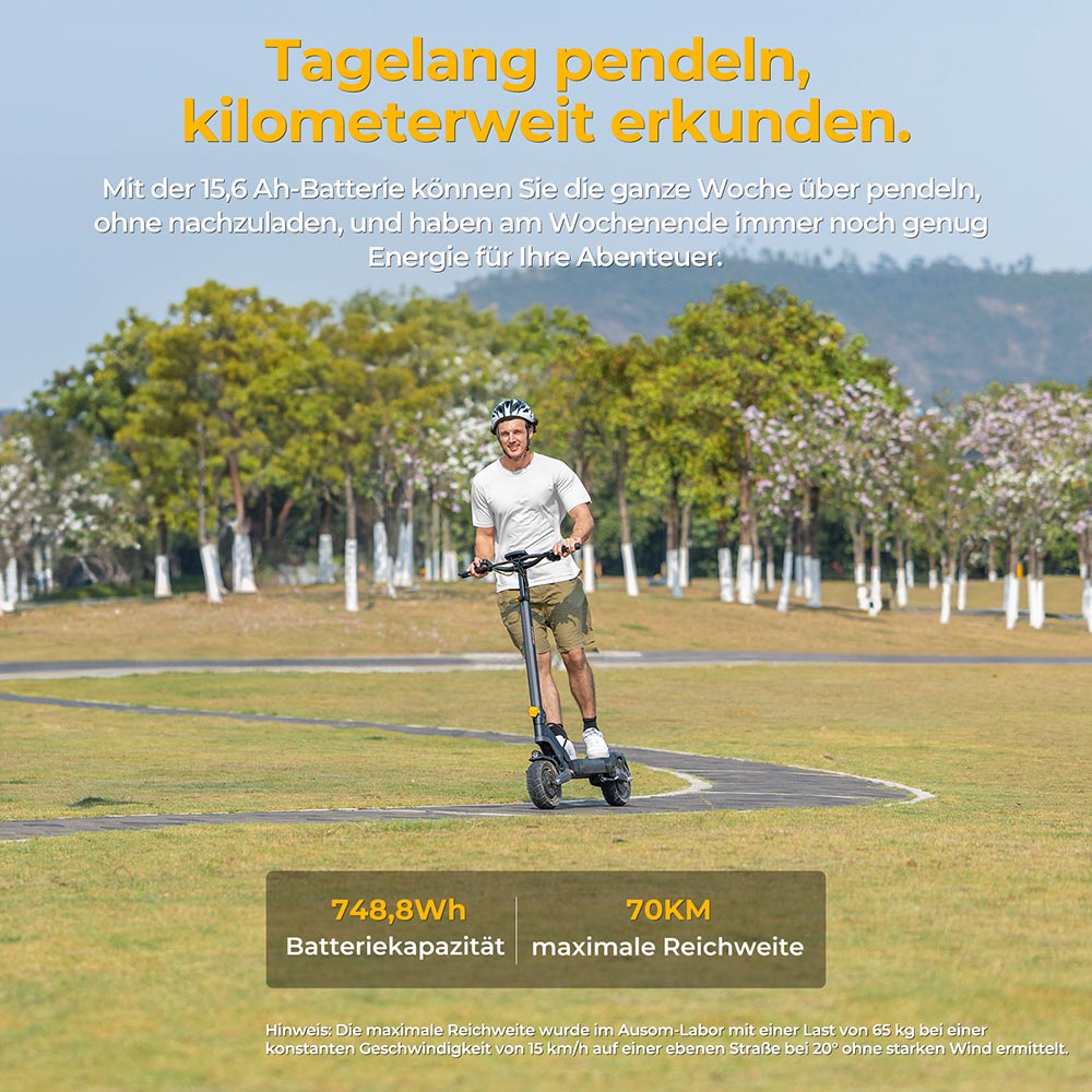 Ausom L2 Elektroroller, 2 x 800W Motor, 48V 15,6Ah Akku, 10 Zoll Reifen, 55 km/h H&ouml;chstgeschwindigkeit, 70 km Reichweite, Scheibenbremsen vorne und hinten, Schwingenfederung, LCD-Display