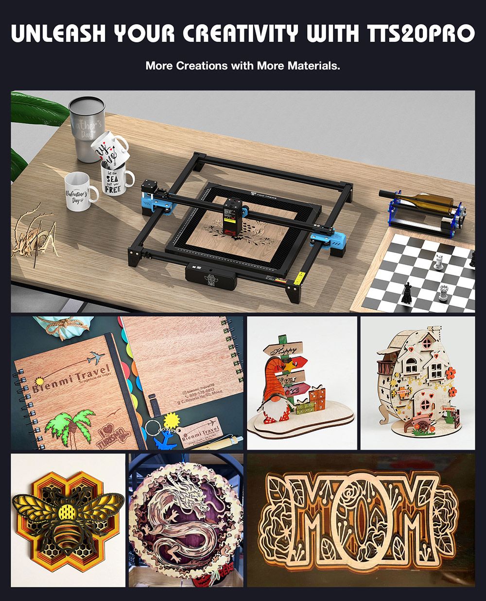 TWO TREES TTS-20 Pro 20W Laser Engraver, 32-bit Mainboard, 0.08*0.08mm Compressed Spot, 0.1mm Precision, 30,000mm/min Engraving Speed, 418*418mm - EU Plug