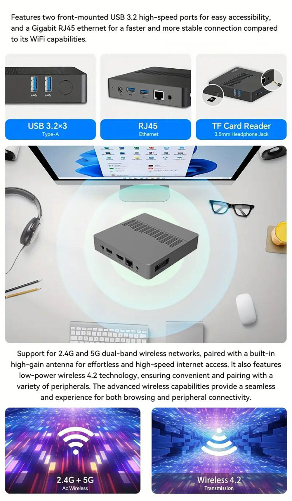 SOYO M2 Air Mini PC, Intel N4000 2 c&oelig;urs, 2,6 GHz max., 6 Go de RAM, SSD 128 Go, double &eacute;cran HDMI+VGA, Wi-Fi 5, Bluetooth 4.2, 3 ports USB 3.2, 1 lecteur de carte TF, 1 prise casque 3,5 mm, 1 port RJ45