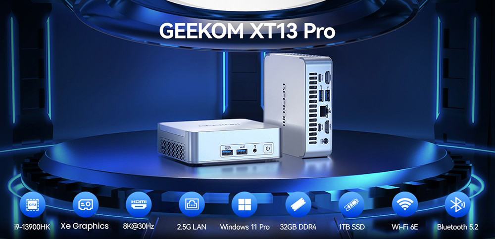 GEEKOM XT13 Pro Mini PC, Intel Core i9-13900HK 14 Core Max 5,4 GHz, 32 GB RAM 1 TB SSD, 2*USB 4 (8K)+2*HDMI 2.0 (4K) 4 obrazovky, WiFi 6E Bluetooth 5.2, 3*USB3.2, 1*USB2.0, 1*2,5G RJ45, 1*3.5 mm audio jack