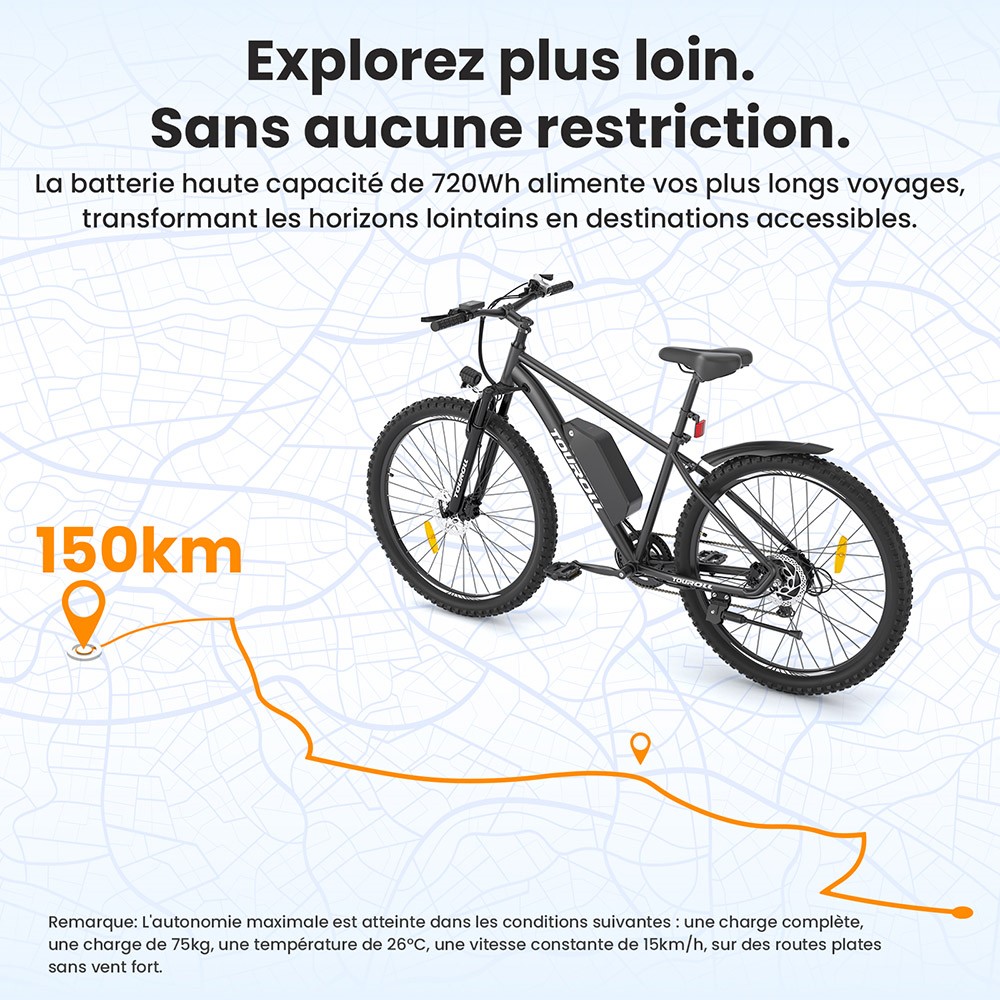 Touroll U2 V&eacute;lo &eacute;lectrique, moteur 250 W, batterie 48 V 15 Ah, pneus 29 pouces, vitesse maximale 25 km/h, autonomie 150 km, freins &agrave; disque hydrauliques, fourche &agrave; suspension, Shimano 7 vitesses