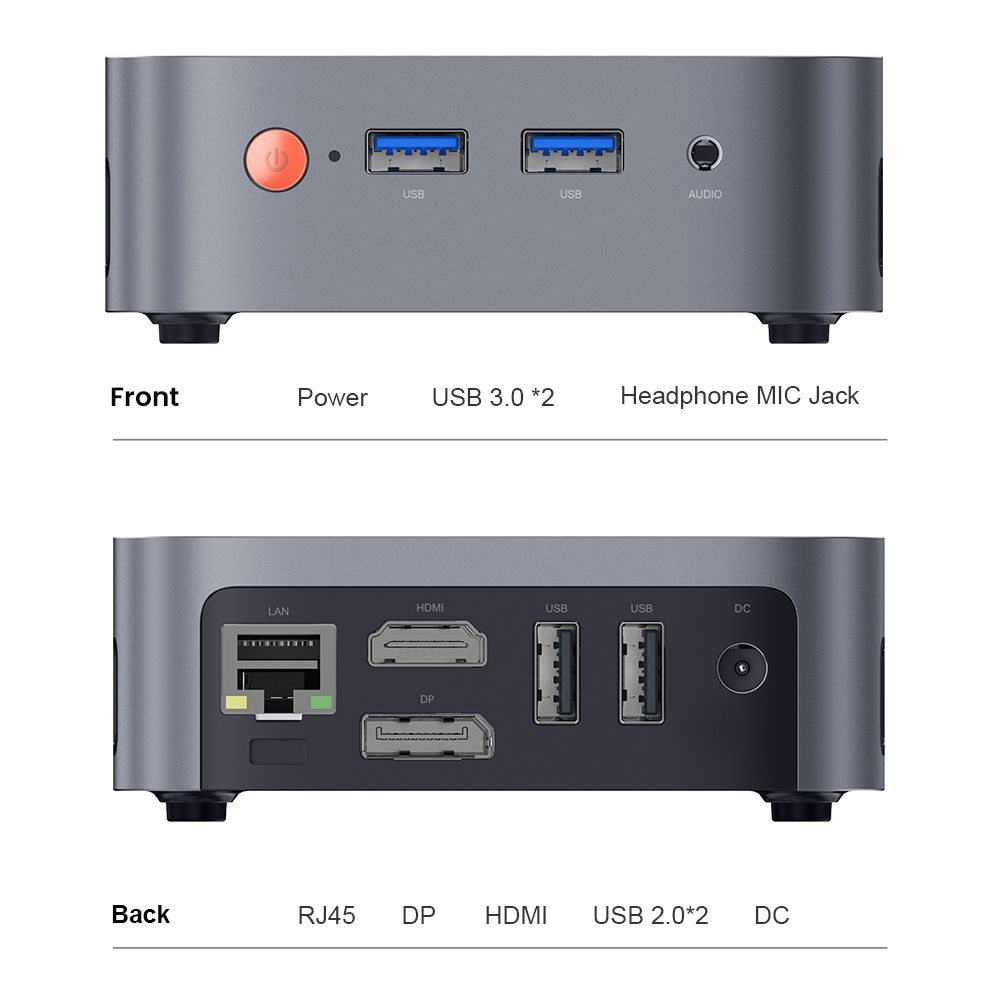 Ninkear MBOX 11 Mini-PC, Intel Twin Lake N150 4 Kerne, max. 3,6 GHz, 16 GB RAM, 512 GB SSD, HDMI 2.0 + DP1.4 (4K@60 Hz), doppelte Bildschirmanzeige, WiFi 5, Bluetooth 5.0, 2 x USB 3.0, 2 x USB 2.0, 1 x RJ45, 1 x Kopfh&ouml;reranschluss