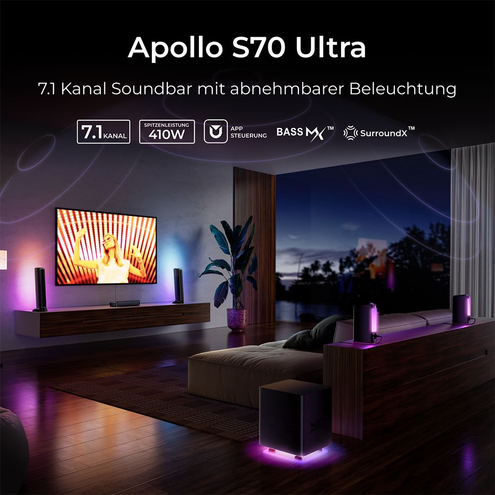 Ultimea Apollo S70 Ultra 7.1-Kanal-Soundbar-Subwoofer-Lautsprecher-Kit, abnehmbar, dynamische Beleuchtung, 410 W Spitzenleistung, App-Steuerung, 10-Band-Equalizer-Einstellungen