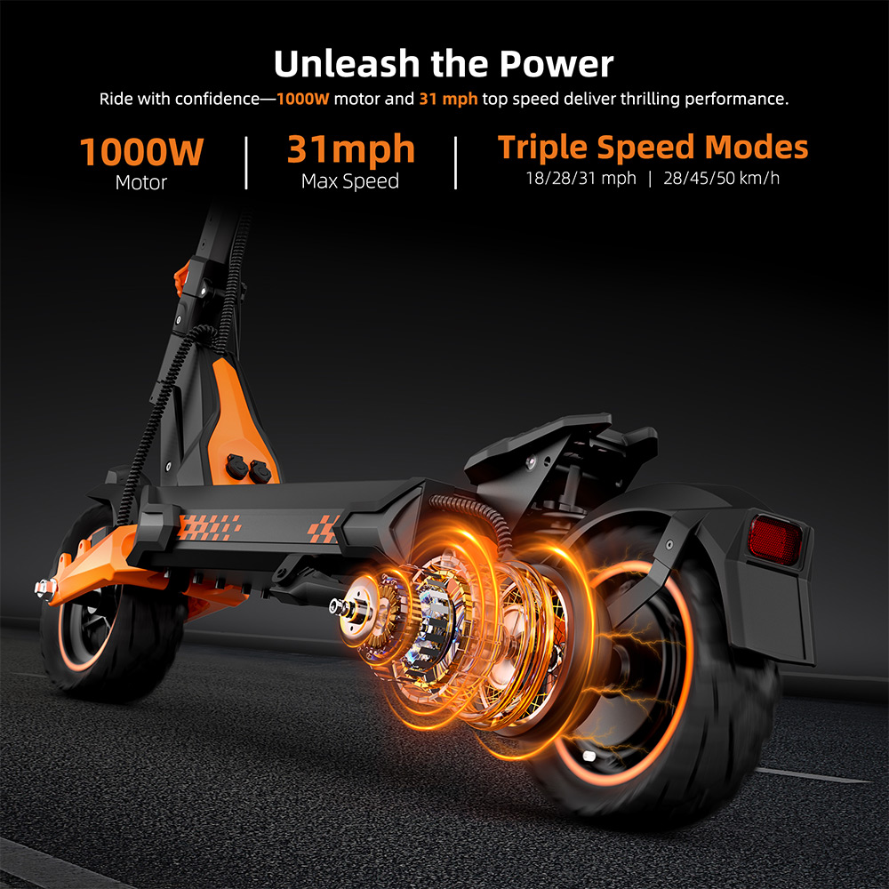 Elektrický skúter KUGOO F3 Plus, 1000W motor, 48V 20.8Ah batéria, 10 palcové pneumatiky, max. rýchlosť 50 km/h, dojazd 80 km, predné a zadné kotúčové brzdy, odpruženie kyvnou vidlicou