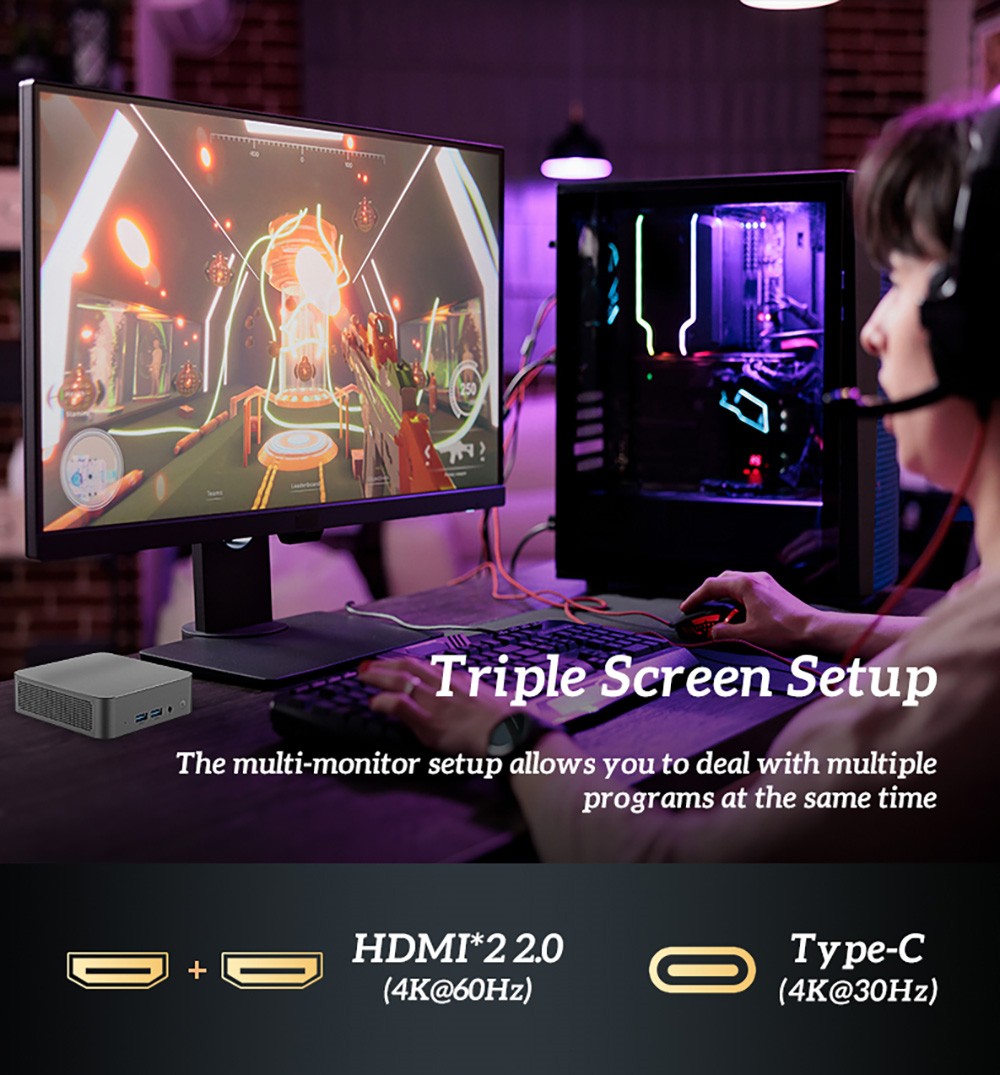 SOYO M4 Air Mini PC, Intel N95 4 Core Max 3,4 GHz, 16 GB RAM 512 GB SSD, 2*HDMI + 1* plnohodnotný trojitý displej typu C, WiFi 5 Bluetooth 5.0, 2*USB3.2, 2*USB2.0, 1*RJ45, 1*Headphone Jack