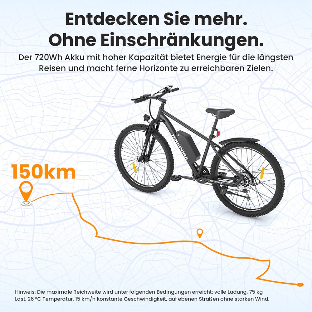 Touroll U2 Elektrofahrrad, 250-W-Motor, 48-V-15-Ah-Akku, 29-Zoll-Reifen, 25 km/h H&ouml;chstgeschwindigkeit, 150 km Reichweite, hydraulische Scheibenbremse, Federgabel, Shimano 7-Gang