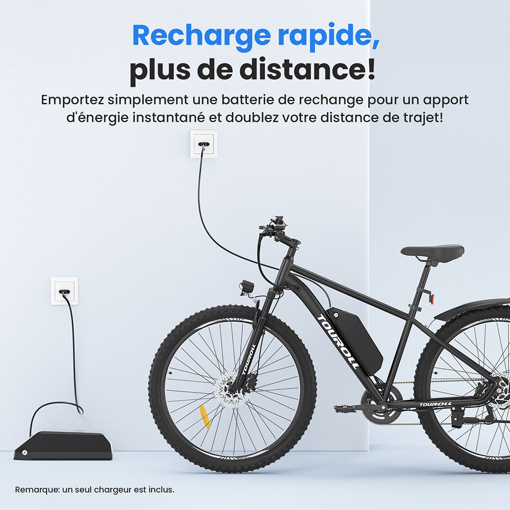 Touroll U2 V&eacute;lo &eacute;lectrique, moteur 250 W, batterie 48 V 15 Ah, pneus 29 pouces, vitesse maximale 25 km/h, autonomie 150 km, freins &agrave; disque hydrauliques, fourche &agrave; suspension, Shimano 7 vitesses