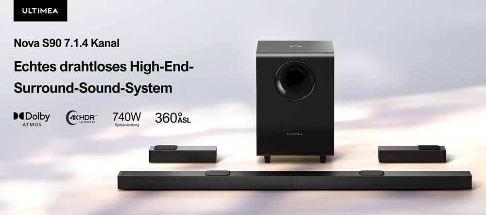 Ultimea Nova S90 7.1.4 Soundbar + 1 pár * Steady S90 hangszóróállvány, Dolby Atmos, 740 W csúcsteljesítmény, 4K HDR jelátvitel, 6 hangszínszabályzó mód