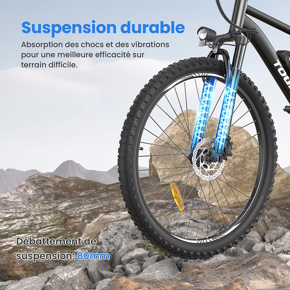 Touroll U2 V&eacute;lo &eacute;lectrique, moteur 250 W, batterie 48 V 15 Ah, pneus 29 pouces, vitesse maximale 25 km/h, autonomie 150 km, freins &agrave; disque hydrauliques, fourche &agrave; suspension, Shimano 7 vitesses