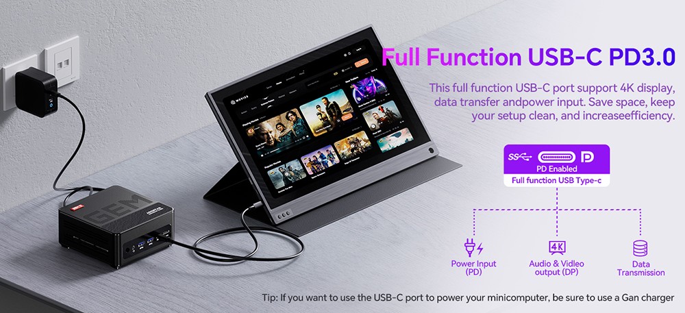 AOOSTAR GEM12 Max Mini PC Barebone (bez RAM bez SSD), AMD Ryzen 7 8745HS 8 Core Max 4,9 GHz, Dual 2,5G LAN, WiFi 6, Bluetooth 5.2, HDMI 2.1 + 2*USB4 + DP1.4 4K@120Hz 4 obrazovky, 1*OCuLink, 2*USB3.2, 2*USB2.0, 1*Headphone Jack