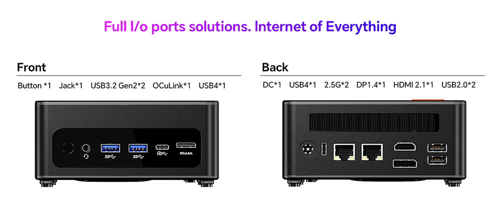 AOOSTAR GEM12 Max Mini PC Barebone (bez RAM bez SSD), AMD Ryzen 7 8745HS 8 Core Max 4,9 GHz, Dual 2,5G LAN, WiFi 6, Bluetooth 5.2, HDMI 2.1 + 2*USB4 + DP1.4 4K@120Hz 4 obrazovky, 1*OCuLink, 2*USB3.2, 2*USB2.0, 1*Headphone Jack