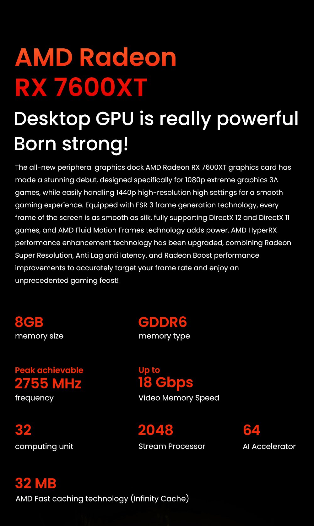 AOOSTAR XG76XT eGPU-Dock mit AMD Radeon RX 7600XT GPU, 8 GB GDDR6 RAM, 128 Bit, 1 * USB 4.0, 1 * Oculink, 1 * HDMI, 2 * DP, 1 * Typ-C, 100 W Reverse Charging