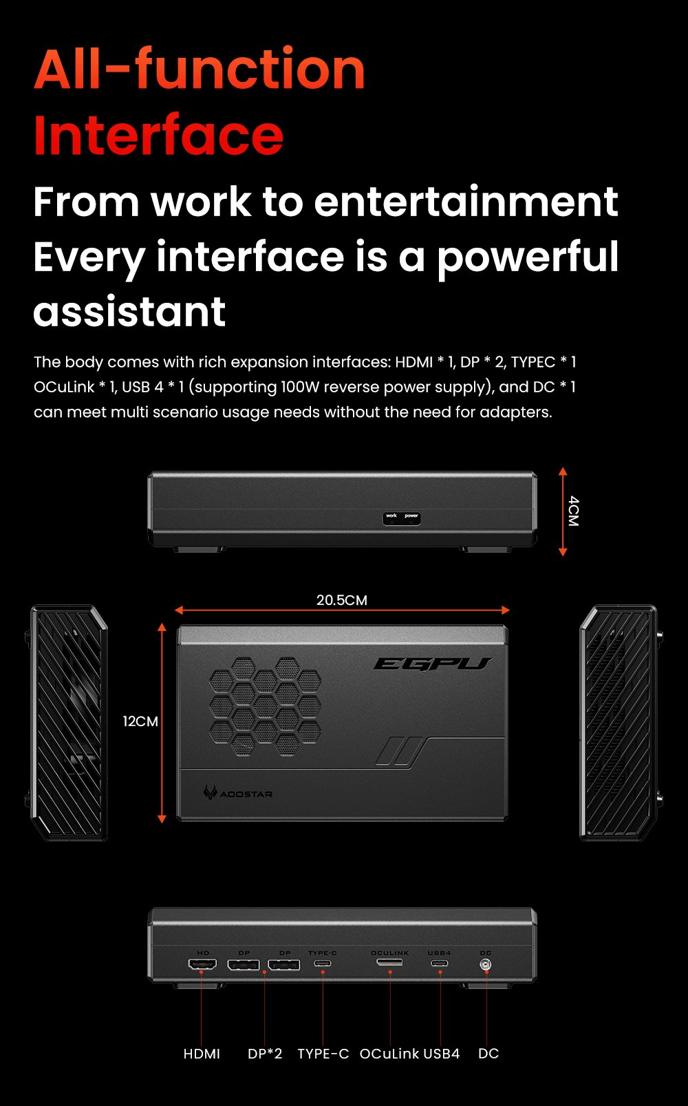 AOOSTAR XG76XT eGPU-Dock mit AMD Radeon RX 7600XT GPU, 8 GB GDDR6 RAM, 128 Bit, 1 * USB 4.0, 1 * Oculink, 1 * HDMI, 2 * DP, 1 * Typ-C, 100 W Reverse Charging